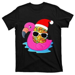 Hawaiian Christmas in July Flamingo Pineapple Santa Hat T-Shirt