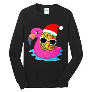 Hawaiian Christmas in July Flamingo Pineapple Santa Hat Tall Long Sleeve T-Shirt