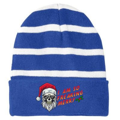 Halloween Christmas I Am So Freaking Merry Funny Skeleton Gift Striped Beanie with Solid Band