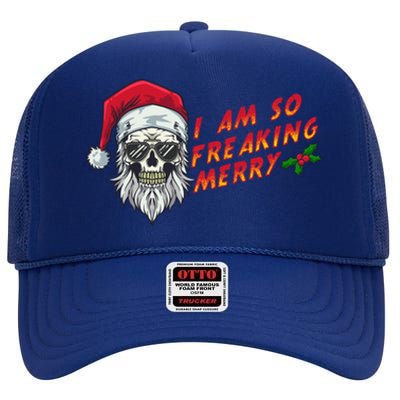 Halloween Christmas I Am So Freaking Merry Funny Skeleton Gift High Crown Mesh Back Trucker Hat