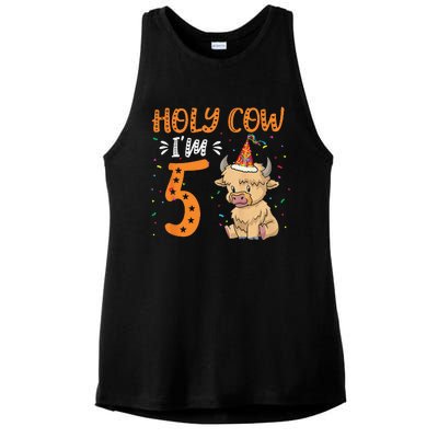 Holy Cow Im 5 Scottish Highland Cow Print 5th Birthday Ladies PosiCharge Tri-Blend Wicking Tank