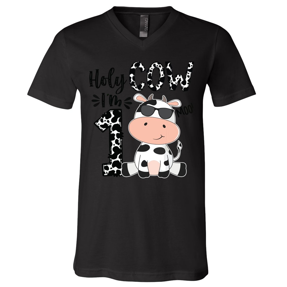 Holy Cow Im 1 Birthday 1st Cow Farm Animals Bday V-Neck T-Shirt