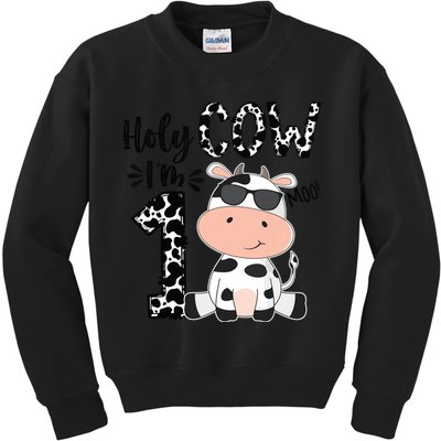 Holy Cow Im 1 Birthday 1st Cow Farm Animals Bday Kids Sweatshirt