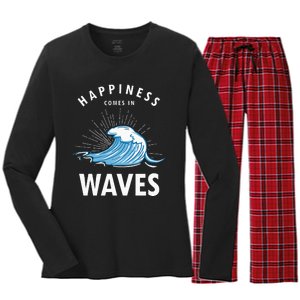 Happiness Comes In Waves Surfing Surfers Surf Beach Women's Long Sleeve Flannel Pajama Set 