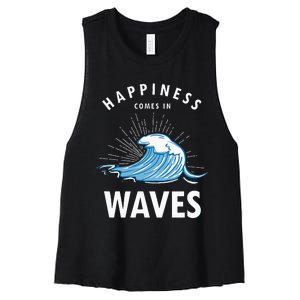 Happiness Comes In Waves Surfing Surfers Surf Beach Women's Racerback Cropped Tank