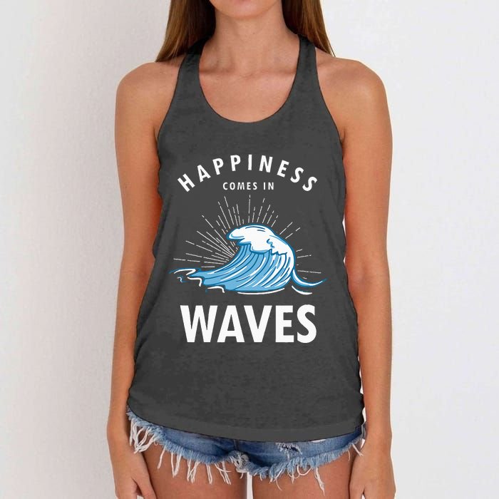 Happiness Comes In Waves Surfing Surfers Surf Beach Women's Knotted Racerback Tank