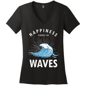 Happiness Comes In Waves Surfing Surfers Surf Beach Women's V-Neck T-Shirt