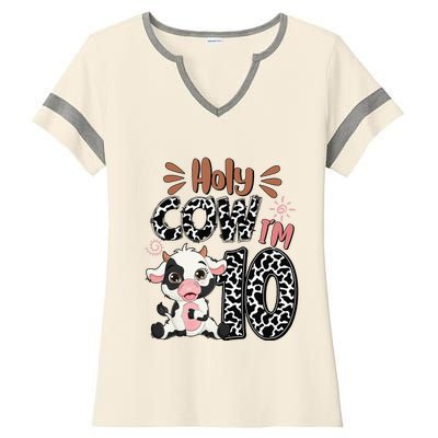 Holy Cow I'm 10 Birthday 10th Cow Farm Animals Bday Ladies Halftime Notch Neck Tee