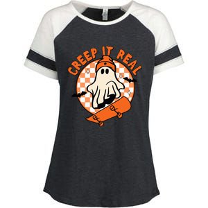 Halloween Creep It Real Ghost Boy Fall Season Enza Ladies Jersey Colorblock Tee