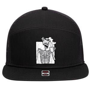 Halloween Coffee Ing Skeleton Skull Gift 7 Panel Mesh Trucker Snapback Hat