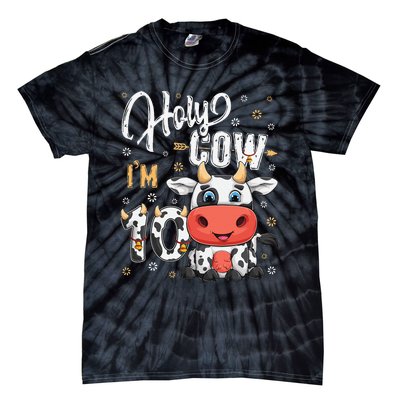 Holy Cow I'm Ten 10 Year Old Cows Farm Theme 10th Birthday Tie-Dye T-Shirt