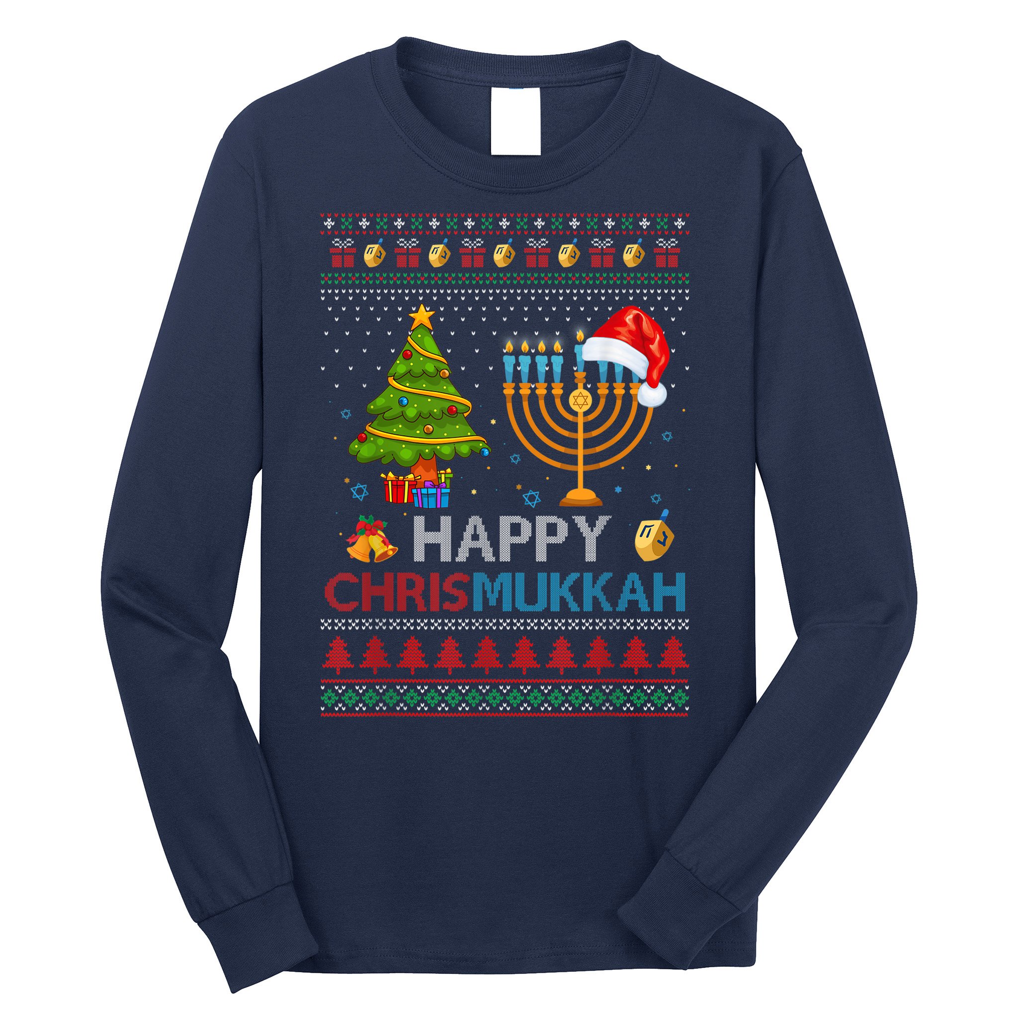 Happy Chrismukkah Jewish Hanukkah Chanukah Ugly Christmas Long Sleeve Shirt