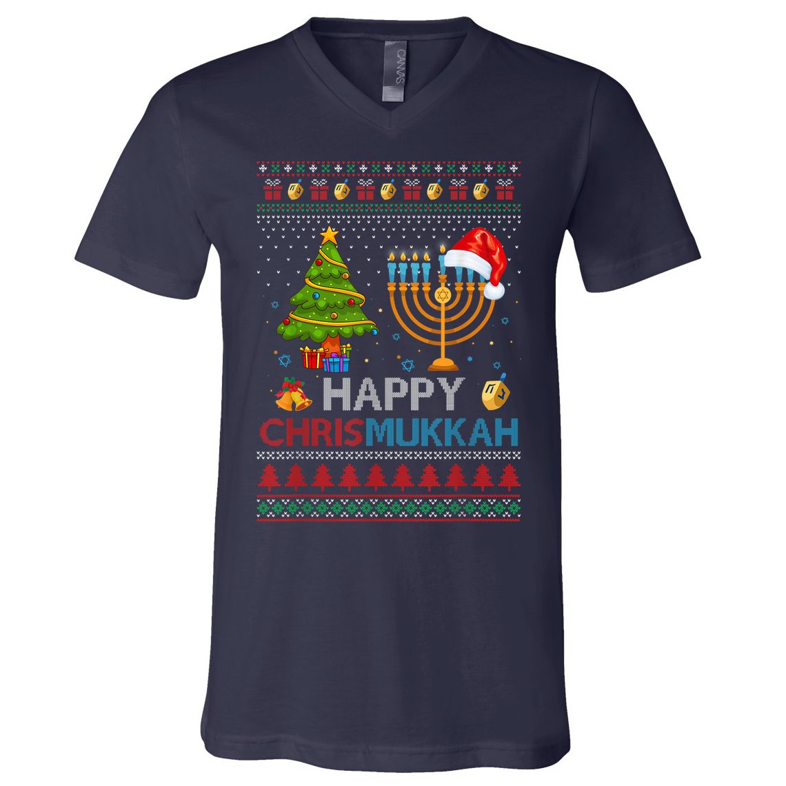 Happy Chrismukkah Jewish Hanukkah Chanukah Ugly Christmas V-Neck T-Shirt