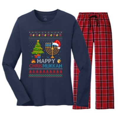 Happy Chrismukkah Jewish Hanukkah Chanukah Ugly Christmas Women's Long Sleeve Flannel Pajama Set 