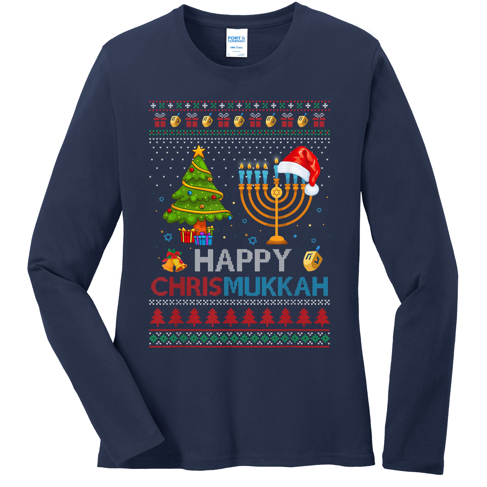 Happy Chrismukkah Jewish Hanukkah Chanukah Ugly Christmas Ladies Long Sleeve Shirt