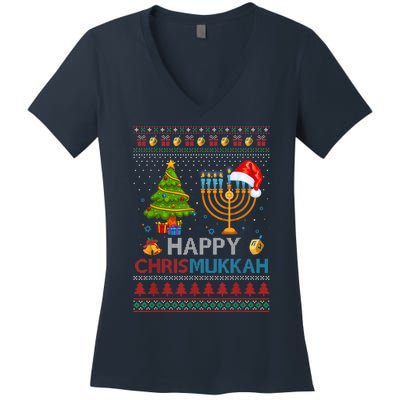 Happy Chrismukkah Jewish Hanukkah Chanukah Ugly Christmas Women's V-Neck T-Shirt