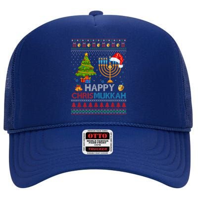 Happy Chrismukkah Jewish Hanukkah Chanukah Ugly Christmas High Crown Mesh Back Trucker Hat