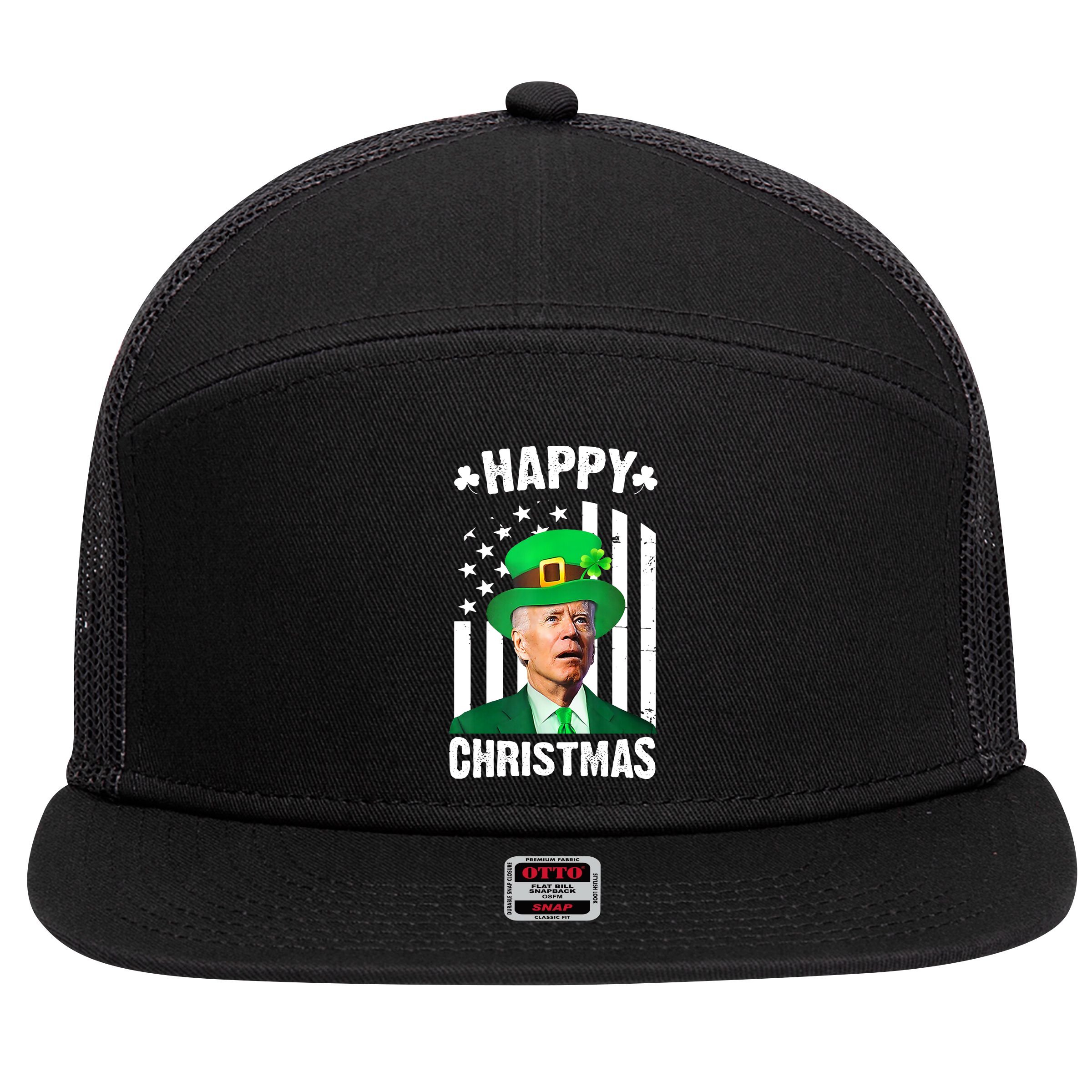 Happy Christmas Joe Biden Funny St Patrick's Day 7 Panel Mesh Trucker Snapback Hat