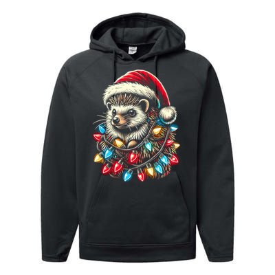 Hedgehog Christmas Lights Santa Hat Funny Gift Xmas Performance Fleece Hoodie