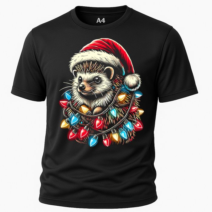 Hedgehog Christmas Lights Santa Hat Funny Gift Xmas Cooling Performance Crew T-Shirt