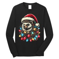 Hedgehog Christmas Lights Santa Hat Funny Gift Xmas Long Sleeve Shirt