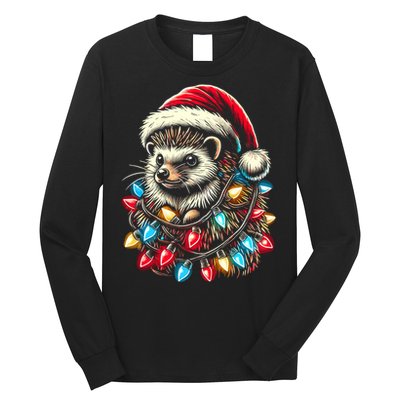 Hedgehog Christmas Lights Santa Hat Funny Gift Xmas Long Sleeve Shirt