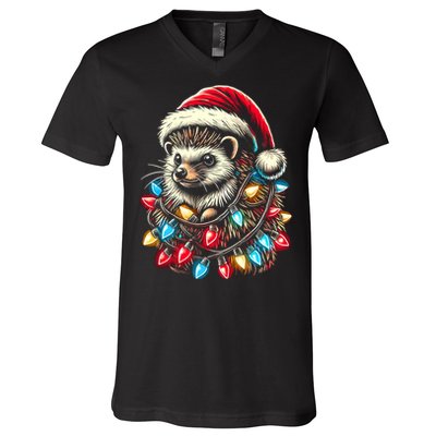 Hedgehog Christmas Lights Santa Hat Funny Gift Xmas V-Neck T-Shirt