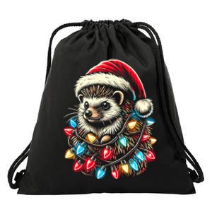 Hedgehog Christmas Lights Santa Hat Funny Gift Xmas Drawstring Bag