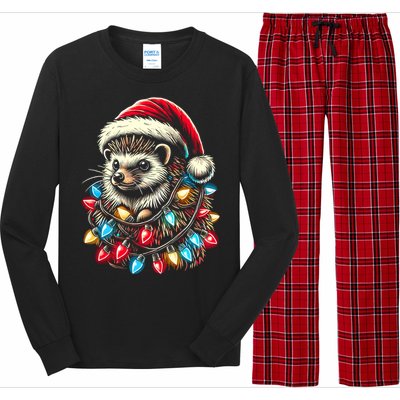 Hedgehog Christmas Lights Santa Hat Funny Gift Xmas Long Sleeve Pajama Set