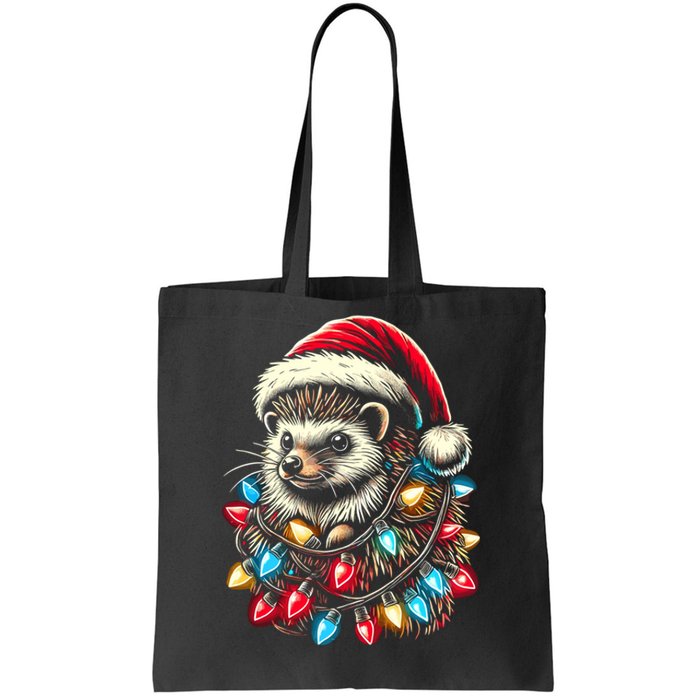 Hedgehog Christmas Lights Santa Hat Funny Gift Xmas Tote Bag