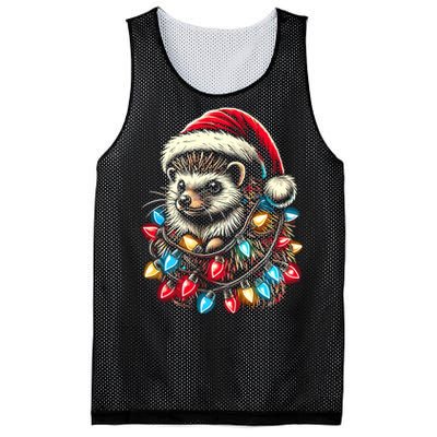 Hedgehog Christmas Lights Santa Hat Funny Gift Xmas Mesh Reversible Basketball Jersey Tank