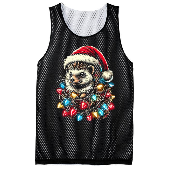 Hedgehog Christmas Lights Santa Hat Funny Gift Xmas Mesh Reversible Basketball Jersey Tank