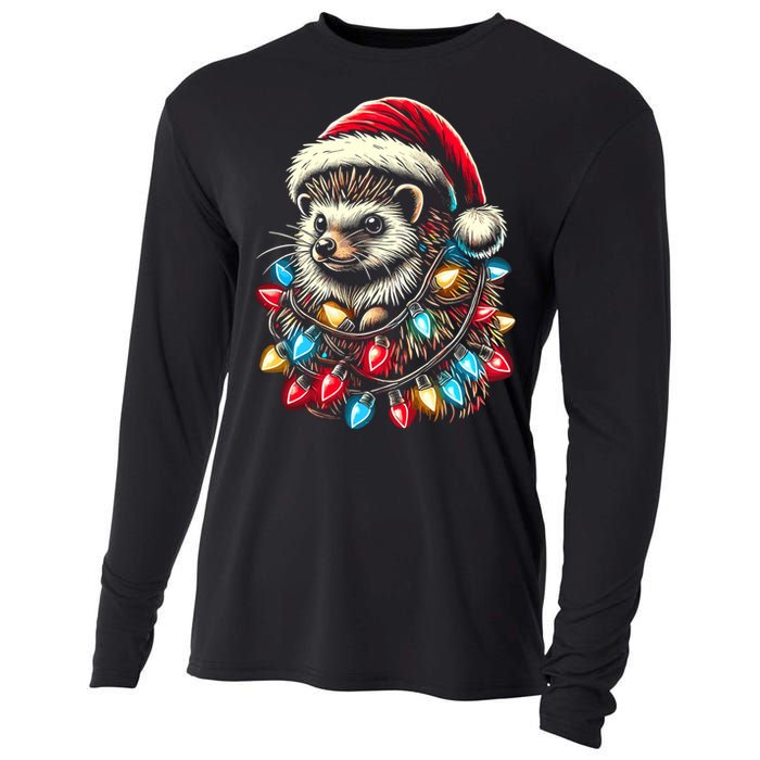 Hedgehog Christmas Lights Santa Hat Funny Gift Xmas Cooling Performance Long Sleeve Crew