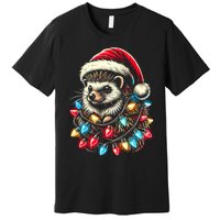 Hedgehog Christmas Lights Santa Hat Funny Gift Xmas Premium T-Shirt