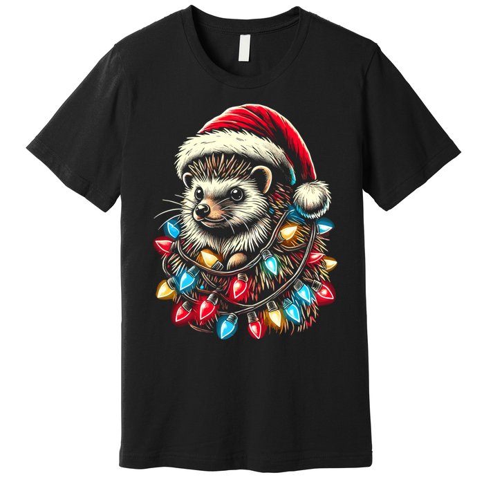 Hedgehog Christmas Lights Santa Hat Funny Gift Xmas Premium T-Shirt