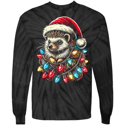 Hedgehog Christmas Lights Santa Hat Funny Gift Xmas Tie-Dye Long Sleeve Shirt