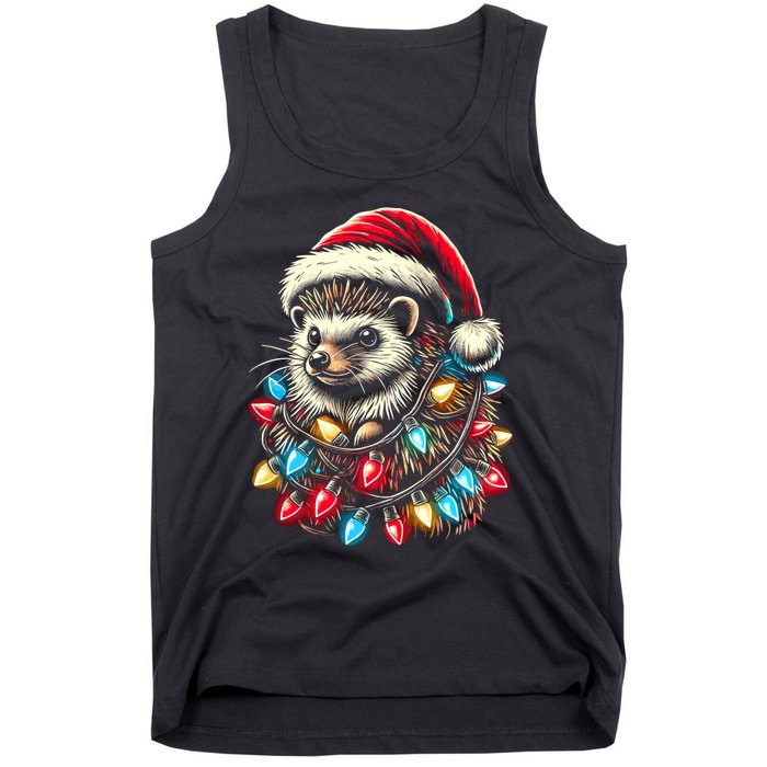 Hedgehog Christmas Lights Santa Hat Funny Gift Xmas Tank Top