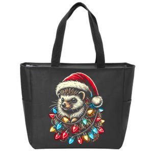 Hedgehog Christmas Lights Santa Hat Funny Gift Xmas Zip Tote Bag