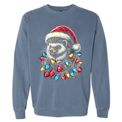 Hedgehog Christmas Lights Santa Hat Funny Gift Xmas Garment-Dyed Sweatshirt