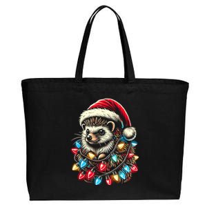 Hedgehog Christmas Lights Santa Hat Funny Gift Xmas Cotton Canvas Jumbo Tote