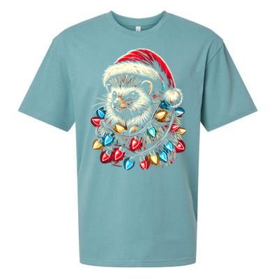 Hedgehog Christmas Lights Santa Hat Funny Gift Xmas Sueded Cloud Jersey T-Shirt