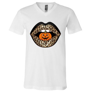 Halloween Cheetah Lips Pumpkin Stylish And Spooky V-Neck T-Shirt