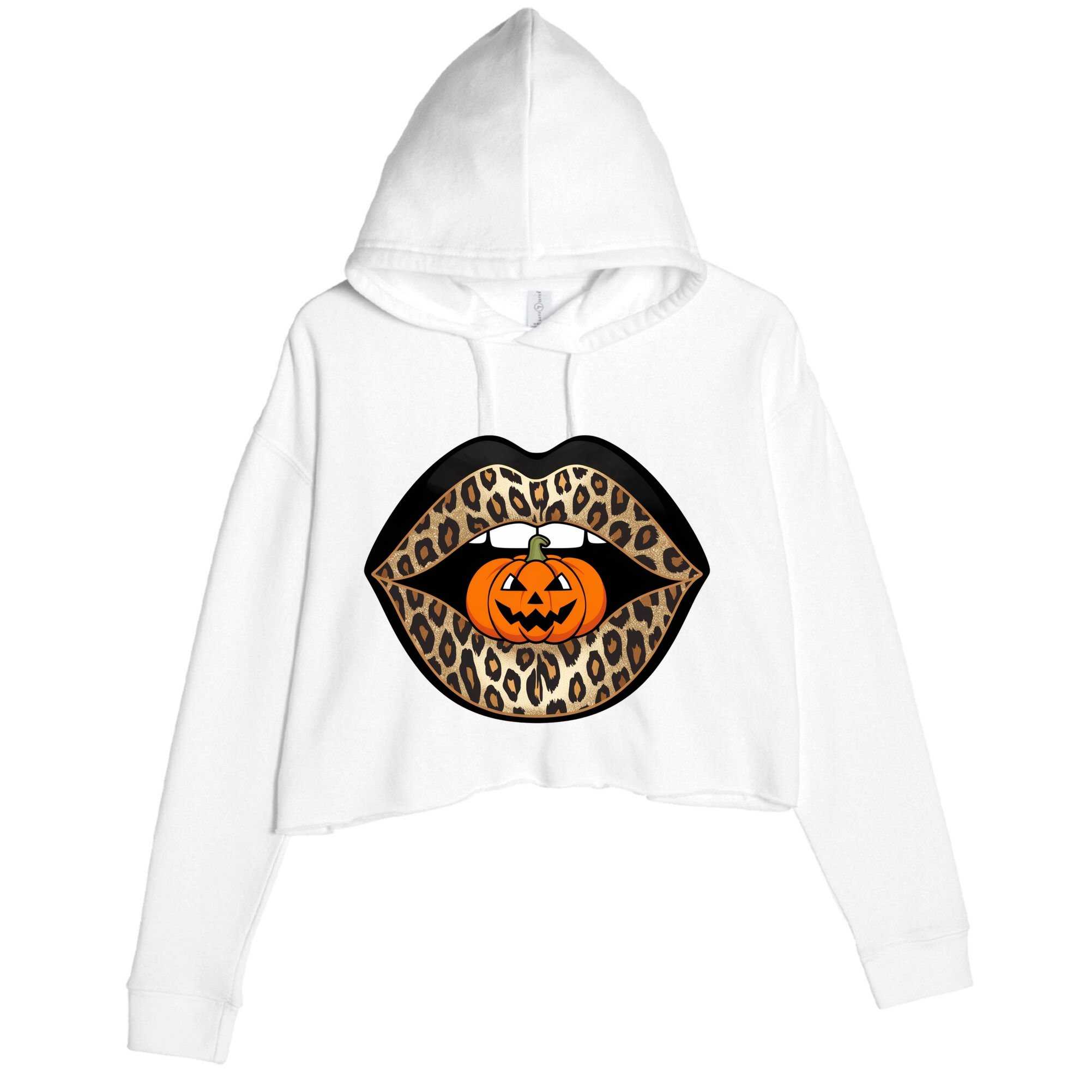 Halloween Cheetah Lips Pumpkin Stylish And Spooky Crop Fleece Hoodie