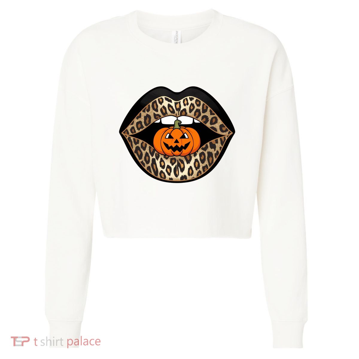 Halloween Cheetah Lips Pumpkin Stylish And Spooky Cropped Pullover Crew