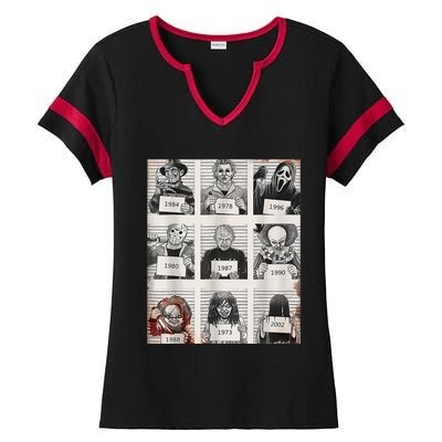 Halloween Creepy Legends Killer Mugshots Horror Fan Ladies Halftime Notch Neck Tee