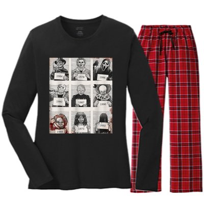 Halloween Creepy Legends Killer Mugshots Horror Fan Women's Long Sleeve Flannel Pajama Set 