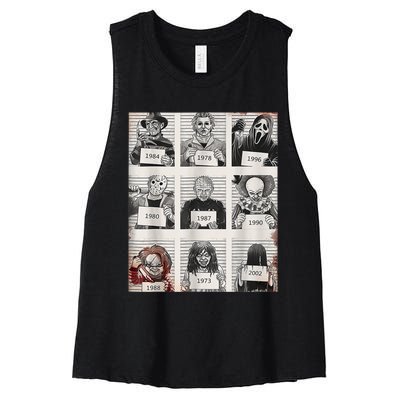 Halloween Creepy Legends Killer Mugshots Horror Fan Women's Racerback Cropped Tank