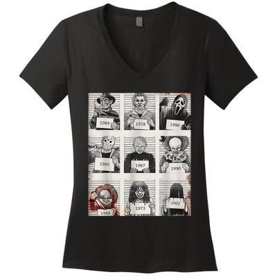 Halloween Creepy Legends Killer Mugshots Horror Fan Women's V-Neck T-Shirt