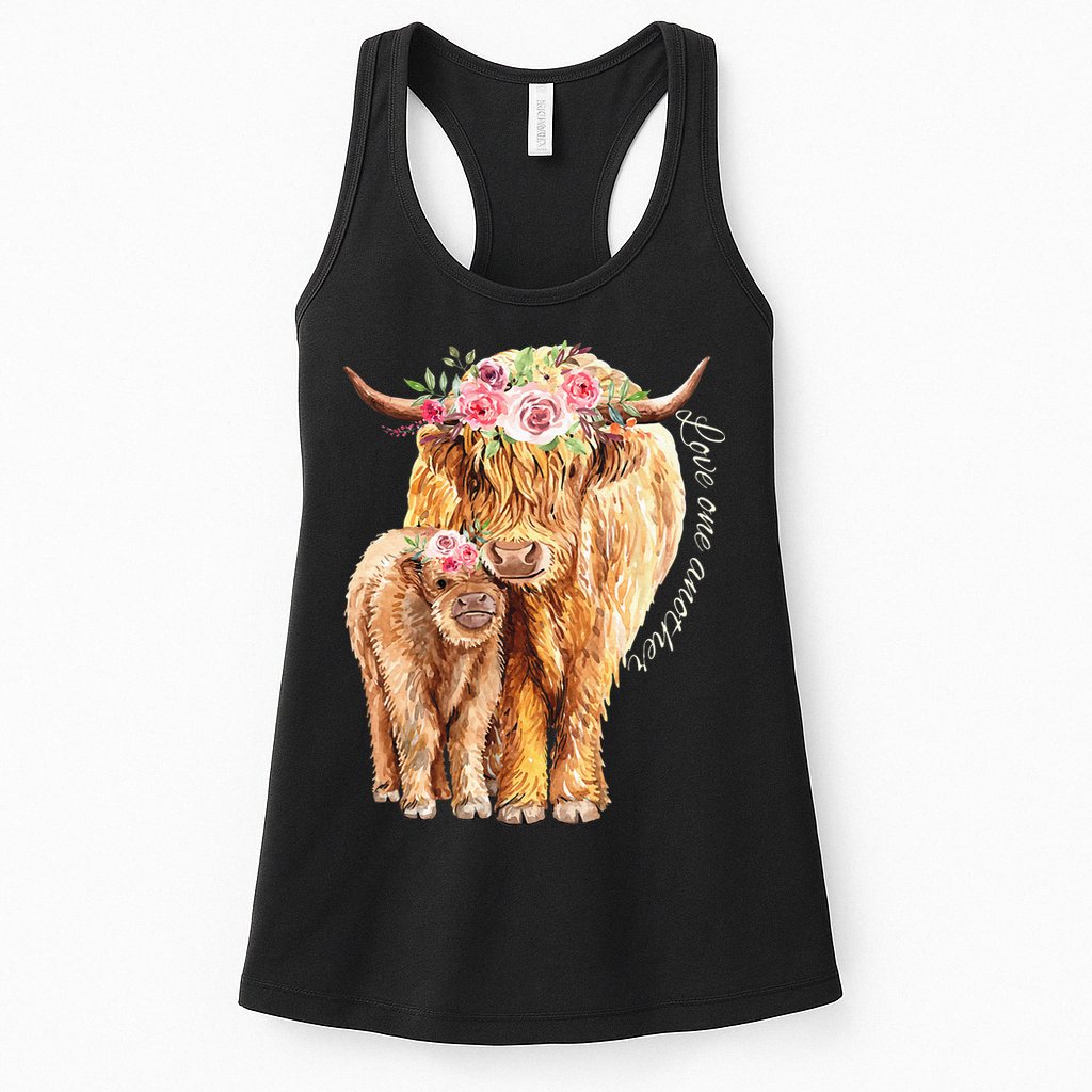 Highland Cattle Lover Cow Calf Farm Love One Another Cute Womens Tank Top