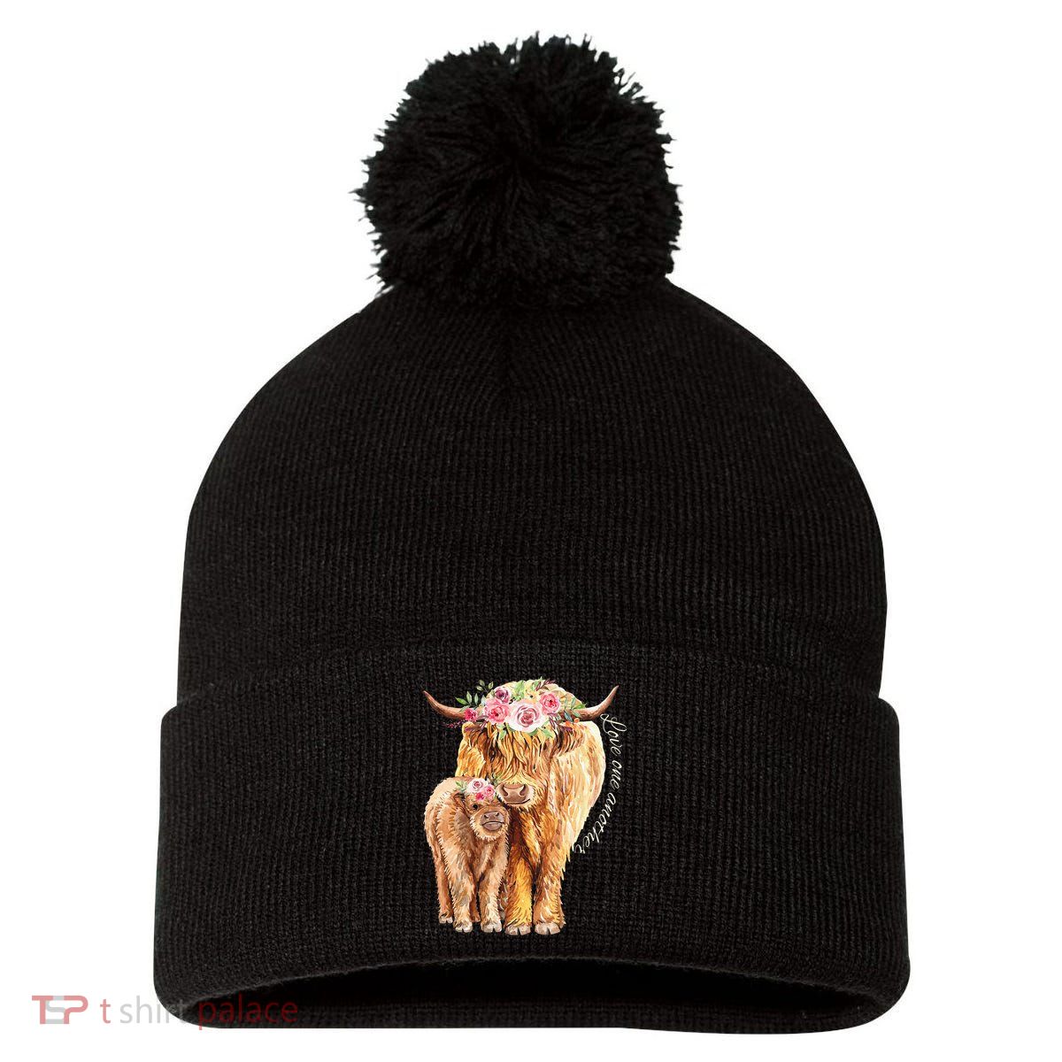 Highland Cattle Lover Cow Calf Farm Love One Another Cute Pom Pom 12in Knit Beanie